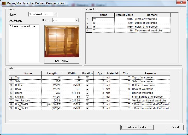 Enter parts for the Product using variables and define Product