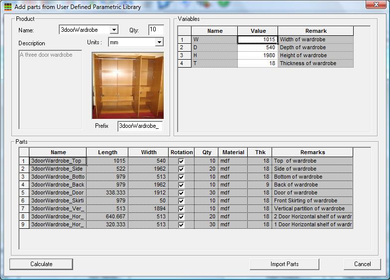 Enter values for variables and import parts for the Product