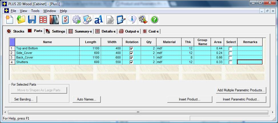 Enter parts in Parts page of PLUS Cabinet