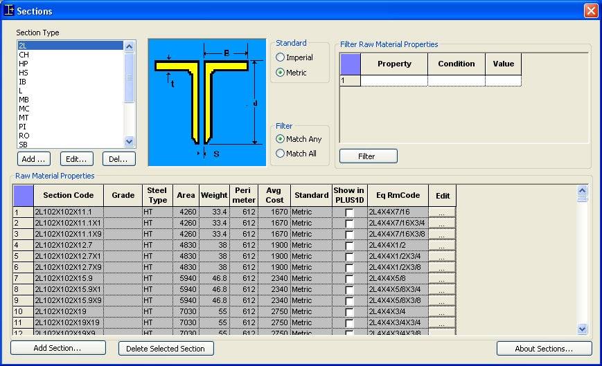  PLUS Sections -  Database Software for standard sections : User Interface
